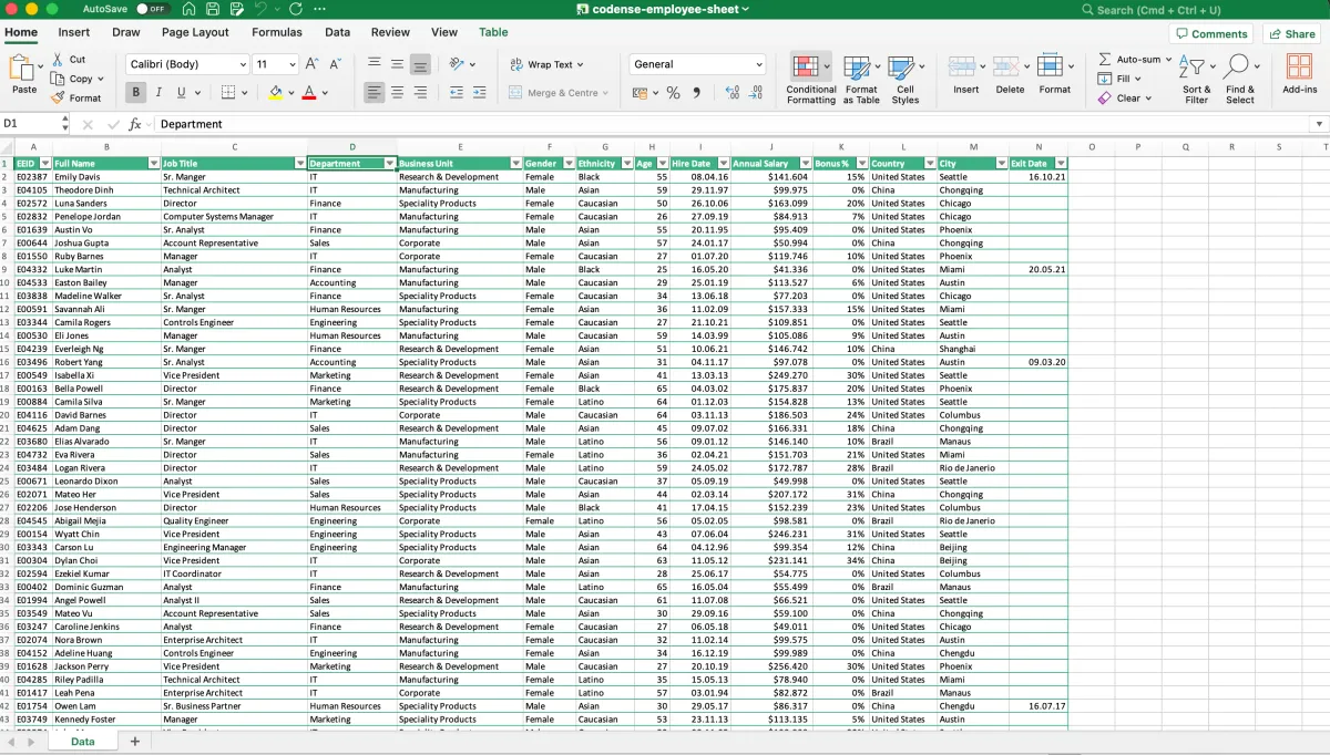 Beispiel einer rohen Excel-Datei mit Mitarbeiterdaten als Ausgangsbasis
