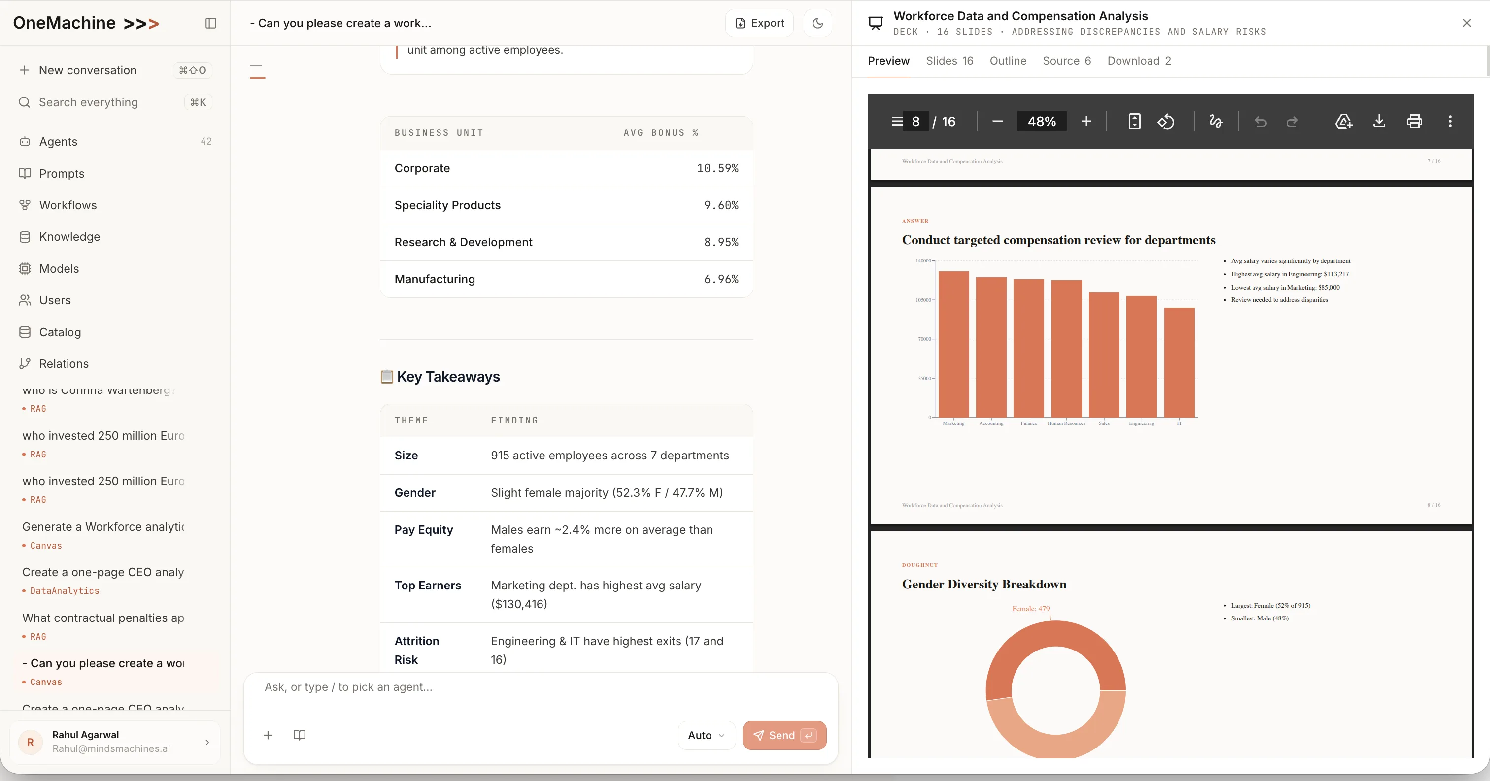 OneMachine analysiert die Excel-Daten und erzeugt beleggestützte Auswertungen samt Präsentation