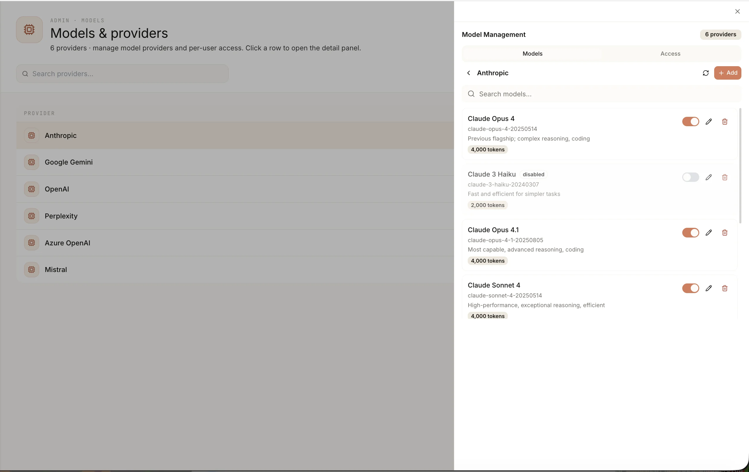 OneMachine Models und Providers Admin-Ansicht